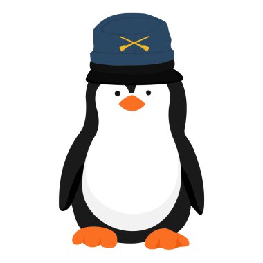 Vektör ikonu küçük penguen. Sevimli yavru penguen. Ordu şapkalı Penguen çizgi film karakteri, Kepi