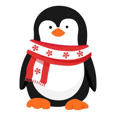 Vektör ikonu küçük penguen. Sevimli yavru penguen. Penguen çizgi film karakteri kışın kar taneli atkı örer.  