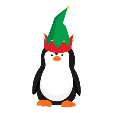 Vektör ikonu küçük penguen. Sevimli yavru penguen. Penguen çizgi film karakteri. Beyaz arka planda izole edilmiş bir elf şapkası.