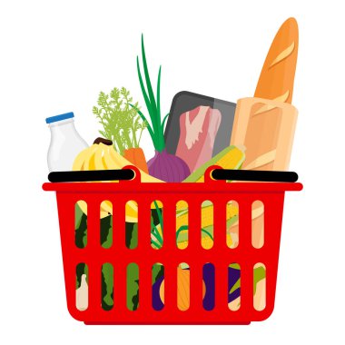 Yiyecek ve içecekle dolu bir alışveriş sepeti. Beyaz zemin üzerinde meyve, sebze, et, ekmek ve süt bulunan süpermarket sepeti. Vektör
