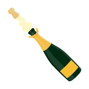 Beyaz arka planda izole edilmiş altın kapaklı bir şişe şampanya. Mantarı açık şampanya şişesi. Şenlikli şarap şişesi kutlama konsepti. Vektör illüstrasyonu