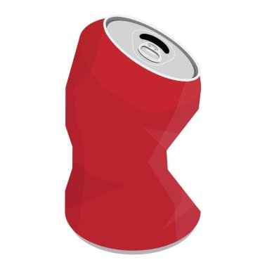 Ezilmiş soda kutusu beyaz arka planda izole edilmiş. Kırmızı kırık alüminyum bira kutusu, çöp. Vektör illüstrasyonu