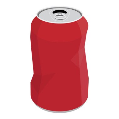 Ezilmiş soda kutusu beyaz arka planda izole edilmiş. Kırmızı kırık alüminyum bira kutusu, çöp. Vektör illüstrasyonu