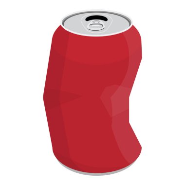 Ezilmiş soda kutusu beyaz arka planda izole edilmiş. Kırmızı kırık alüminyum bira kutusu, çöp. Vektör illüstrasyonu