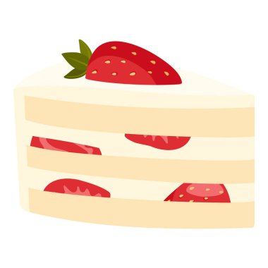 Beyaz arka planda izole edilmiş çilekli yoğurtlu doğum günü pastası. Bir dilim meyveli pasta, üstüne de sos. Taze böğürtlenli lezzetli pandispanya. Vektör illüstrasyonu