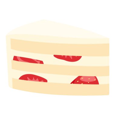 Beyaz arka planda izole edilmiş çilekli yoğurtlu doğum günü pastası. Bir dilim meyveli pasta, üstüne de sos. Taze böğürtlenli lezzetli pandispanya. Vektör illüstrasyonu