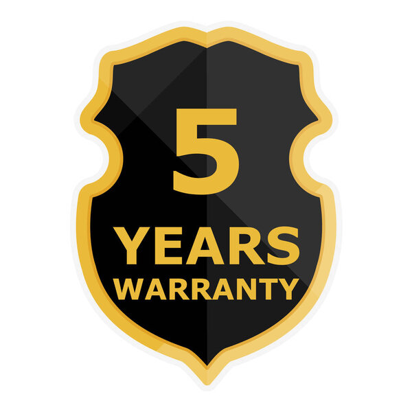 5 лет гарантии этикетка, значок, значок, логотип. Золотой, черный щит пять лет гарантии изолированы на белом фоне. Векторная иллюстрация