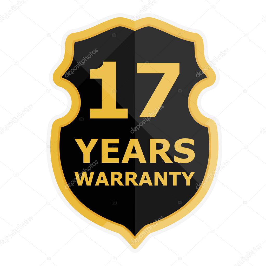 17 Years warranty label, badge, icon, logo. Golden, black shield seventeen years warranty isolated on white background. Vector illustration
