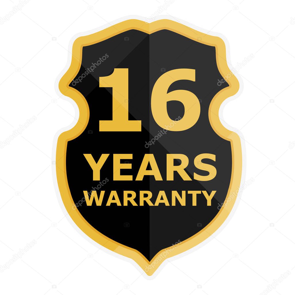 16 Years warranty label, badge, icon, logo. Golden, black shield sixteen years warranty isolated on white background. Vector illustration
