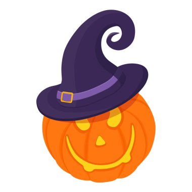 Cadılar Bayramı balkabağı, tuhaf suratlı ve mor şapkalı. Beyaz arka planda tatil tasarımı için izole edilmiş. Şeker mi şaka mı? Vektör illüstrasyonu