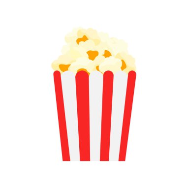 Beyaz arka planda izole edilmiş tuzlu, tatlı patlamış mısırla dolu kırmızı ve beyaz çizgili mısır kutusu. Sinema, film gecesi atıştırması. Patlamış mısır kovası. Vektör