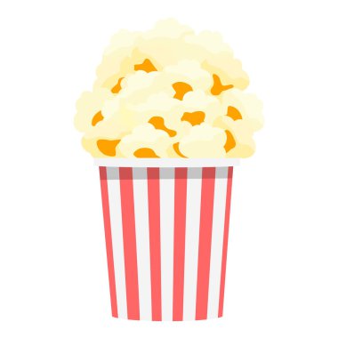 Beyaz arka planda izole edilmiş tuzlu, tatlı patlamış mısırla dolu kırmızı ve beyaz çizgili mısır kutusu. Sinema, film gecesi atıştırması. Patlamış mısır kovası. Vektör