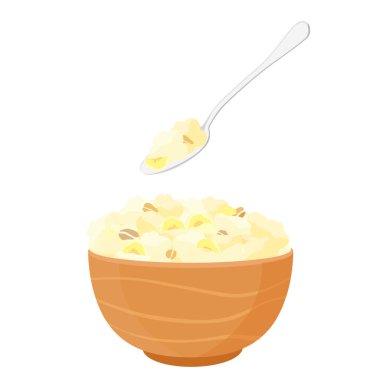 Seramik kasede muzlu yulaf lapası ve beyaz arka planda yulaf ezmeli kaşık. Kahvaltı için lezzetli ve sağlıklı yiyecekler. Vektör