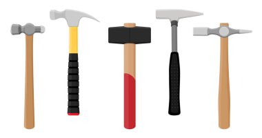 Çekiç tipler: çekiç, Warrington, top pein, çekiç, balyoz ve çekiç. İnşaat aletleri. Vektör simgesi seti, koleksiyon