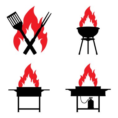 Barbekü logosu şablon koleksiyonu. Barbekü, ızgara, restoran simgesi. Vektör
