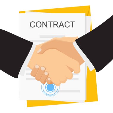 Vektör illüstrasyon işadamı tokalaşması, sözleşme imzalaması. İş ve finans geçmişi. Belge imzalama kavramı. Anlaştık.