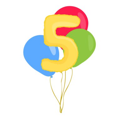 Beyaz arka planda izole edilmiş beş numaralı balonu olan bir grup renkli helyum balonu. Yıldönümü, doğum günü konsepti. Vektör