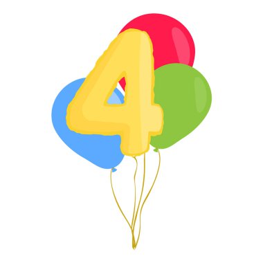 Beyaz arka planda izole edilmiş dört numaralı balonu olan bir grup renkli helyum balonu. Yıldönümü, doğum günü konsepti. Vektör