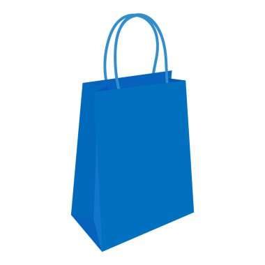 Beyaz arka planda saplı mavi kağıt alışveriş torbası. Markalaşma, ambalaj tasarımı, ürün tanıtımı, pazarlama ve perakende satış kavramları için vektör illüstrasyonu.