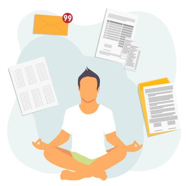 Meditasyon yapan bir ofis çalışanı. Genç adam, belgelerle, evrak işleriyle ve iş yerleriyle çevrili bir nilüfer pozisyonunda oturup meditasyon yapıyor. Vektör illüstrasyonu