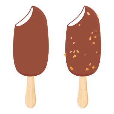 Fındık parçalı vanilyalı dondurma ve beyaz arka planda izole edilmiş tahta çubuğun üzerinde çikolata. Kahverengi, çikolatalı buzlu eskimo. Vektör illüstrasyonu