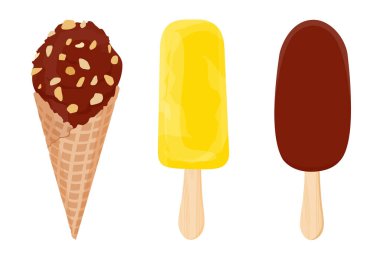 Lezzetli dondurma külahları, buzlu dondurmalar ve farklı doldurulmuş meyveli buzlar. Waffle külahında farklı soslu dondurma kepçesi. Tatlı yaz tatlıları. Beyaz arka planda izole edilmiş. Vektör illüstrasyonu