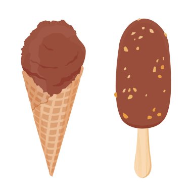 Lezzetli dondurma külahı ve fındık parçalı buzlu dondurma ve çikolata soslu. Waffle külahında dondurma kepçesi. Tatlı yaz tatlıları. Beyaz arka planda izole edilmiş. Vektör illüstrasyonu