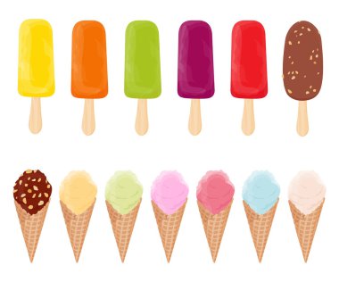 Lezzetli dondurma külahları, buzlu dondurmalar ve farklı doldurulmuş meyveli buzlar. Waffle külahında farklı soslu dondurma kepçesi. Tatlı yaz tatlıları. Beyaz arka planda izole edilmiş. Vektör illüstrasyonu