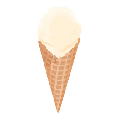 Beyaz arka planda izole edilmiş taze waffle külahlı vanilyalı dondurma kepçesi. Lezzetli dondurma. Menü, ambalaj ya da yemek tasarımı için lezzetli bir tatlı ikonu. Vektör illüstrasyonu