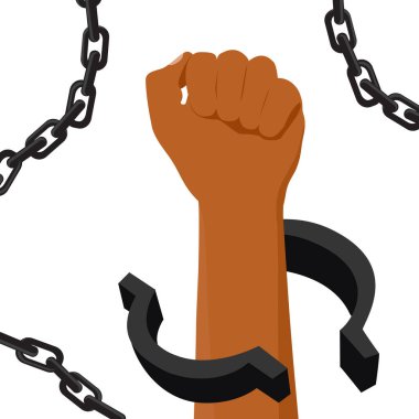 Zincirlenmiş siyah bir elin vektör çizimi. Köleliğin, zulmün ve insan hakları ihlalinin sembolü. Adaletsizlik, ırkçılık, kölelik ve özgürlük mücadelesi. Beyaz arkaplanda izole