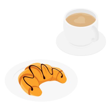 Kahve kupası, latte sanat tasarımı ve beyaz arka planda izole edilmiş kruvasan. Isome Manzarası. Vektör
