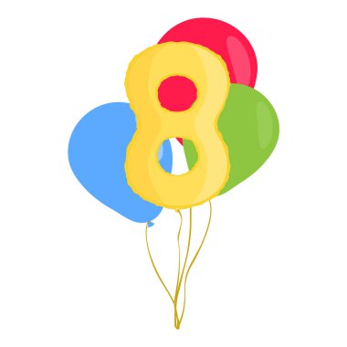 Bir grup renkli helyum balonu ve beyaz arka planda izole edilmiş sekiz numaralı balon. Yıldönümü, doğum günü konsepti. Vektör