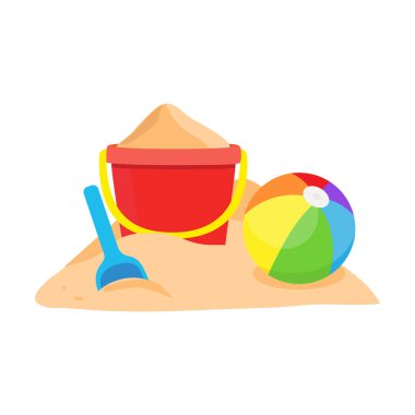 Kumsal topu, kova ve maça kumda. Turuncu plastik kova. Yaz tatili, tatil konsepti. Çocuklar sahilde oynar. Eğlence ve eğlence. Çizgi film çocuğu oyuncak kovası