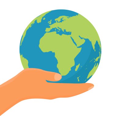 El ele tutuşan dünya beyaz arka planda izole. Çevre günü. Dünya günü. Gezegen kavramını kurtar Vektör illüstrasyonu