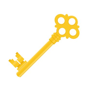 Beyaz arkaplanda izole edilmiş altın rengi eski anahtar simgesi. Antika, sarı renkli altın kapı anahtarı. Anahtar, gizem ve gizli erişimin sembolü. Vektör illüstrasyonu.