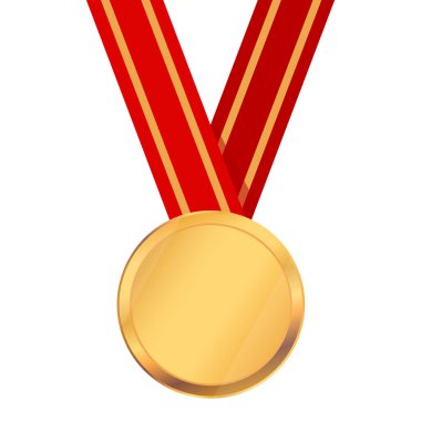 Kırmızı kurdeleli altın madalya beyaz arka planda izole edilmiş. Kazananlar ve şampiyonlar için kırmızı kurdeleli gerçekçi kupa madalyası. Vektör illüstrasyonu