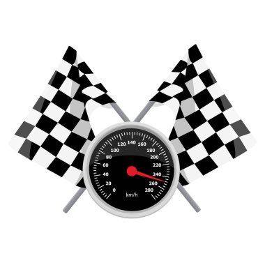 Çapraz yarış bayrakları ve hız göstergesi beyaz arka planda izole edilmiş. Yarış şampiyonluğu. Vektör illüstrasyonu