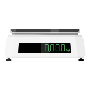 Beyaz arka planda izole edilmiş dijital elektronik mutfak pulları. Yiyecek ya da endüstriyel boş pullar. Mutfak ürünlerinin ağırlıklarını ve tartılarını ölçüyorum. Vektör illüstrasyonu