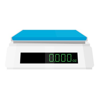 Beyaz arka planda izole edilmiş dijital elektronik mutfak pulları. Yiyecek ya da endüstriyel boş pullar. Mutfak ürünlerinin ağırlıklarını ve tartılarını ölçüyorum. Vektör illüstrasyonu