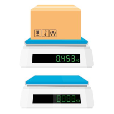 Ağırlık, elektronik ölçekte karton kutu. Boş dijital elektronik endüstriyel ya da mutfak terazisi. Ağırlığı kilo, kilogram. Beyaz arka planda izole edilmiş. Vektör