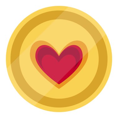 Kalp şeklinde aşk ikonu olan altın para. Düğme sembolü gibi. Beyaz arka planda izole edilmiş. Vektör illüstrasyonu