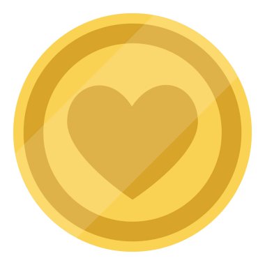 Kalp şeklinde aşk ikonu olan altın para. Düğme sembolü gibi. Beyaz arka planda izole edilmiş. Vektör illüstrasyonu