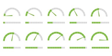 Bilgi için hız göstergesi metre simgesi ayarlandı. Hız göstergeleri, performans seviyeleri, risk göstergeleri ve düşük ile yüksek arasında ilerleme ölçekleri. Beyaz arka planda izole edilmiş. Vektör illüstrasyonu
