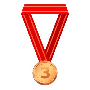 Beyaz arka planda kırmızı kurdeleli bronz madalya. Kazananlar ve şampiyonlar için kırmızı kurdeleli gerçekçi kupa madalyası. Vektör illüstrasyonu