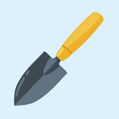 Tahta saplı küçük bahçe malası, el bitkisi ikonu. Çiçek ve sebze dikmek için. Mavi arka planda izole edilmiş. Vektör 