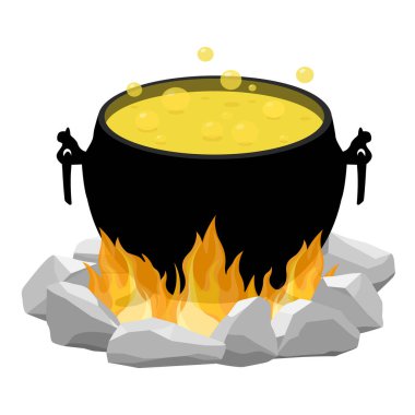 Cadılar Bayramı çizgi filmi cadı kazanı, sarı iksirli sihirli saksı. Çelik kazan, kaynamış bira ya da buharda pişmiş yapışkan madde. Kaşık köpüren iksiri karıştırıyor. Büyücü, büyücü ya da büyücü için, zehirli su ısıtıcısı