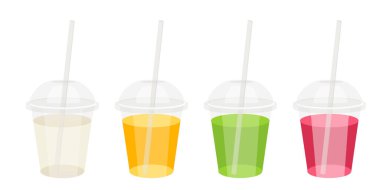 Farklı renklerde meyve suları, beyaz arka planda izole edilmiş bardaklarda limonata. Pipetle tek kullanımlık şeffaf plastik bardaklar. Vektör illüstrasyonu