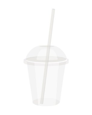 Plastik tek kullanımlık bardaklar, boş şeffaf bardaklar ve saman. Beyaz arka planda izole edilmiş. Çeşitli içecekler, limonata, taze kahve ya da dondurma için. Vektör illüstrasyonu