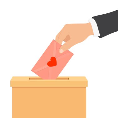 Chaity, aşk ve sevgililer günü konsepti. Kırmızı kalpli zarfı beyaz arka planda izole edilmiş bir kutuya koy. Vektör 