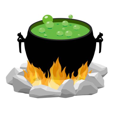 Karikatür cadılar bayramı cadı kazanı, beyaz arka planda yeşil iksirli sihirli kazan. Kaynayan sihirli mayalı çelik kazan ya da dumanı tüten yapışkan madde. Büyücü, büyücü ya da büyücü için, zehirli su ısıtıcısı